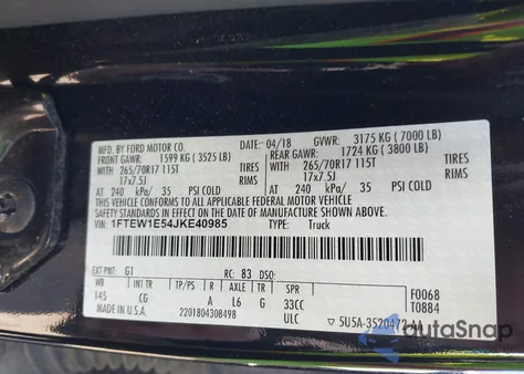 2018 Ford F-150 Xl из США, поврежденный, VIN 1FTEW1E54JKE40985